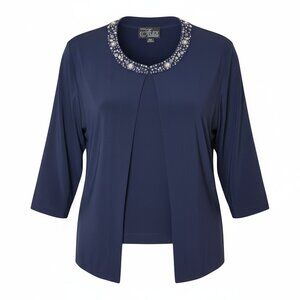 Alex Evening Navy Blue Beaded Collarless Jacket Size 24W